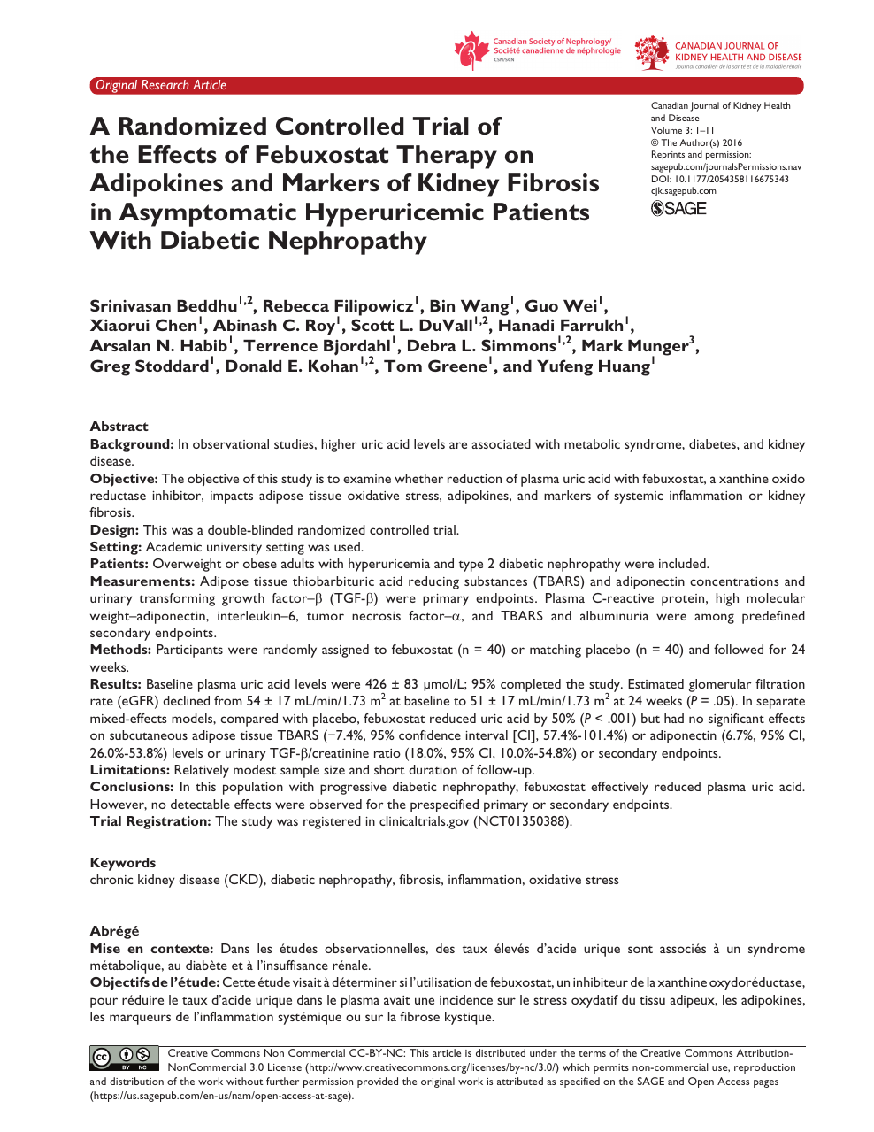 A Randomized Controlled Trial Of The Effects Of Febuxostat Therapy On Adipokines And Markers Of Kidney Fibrosis In Asymptomatic Hyperuricemic Patients With Diabetic Nephropathy Topic Of Research Paper In Health Sciences