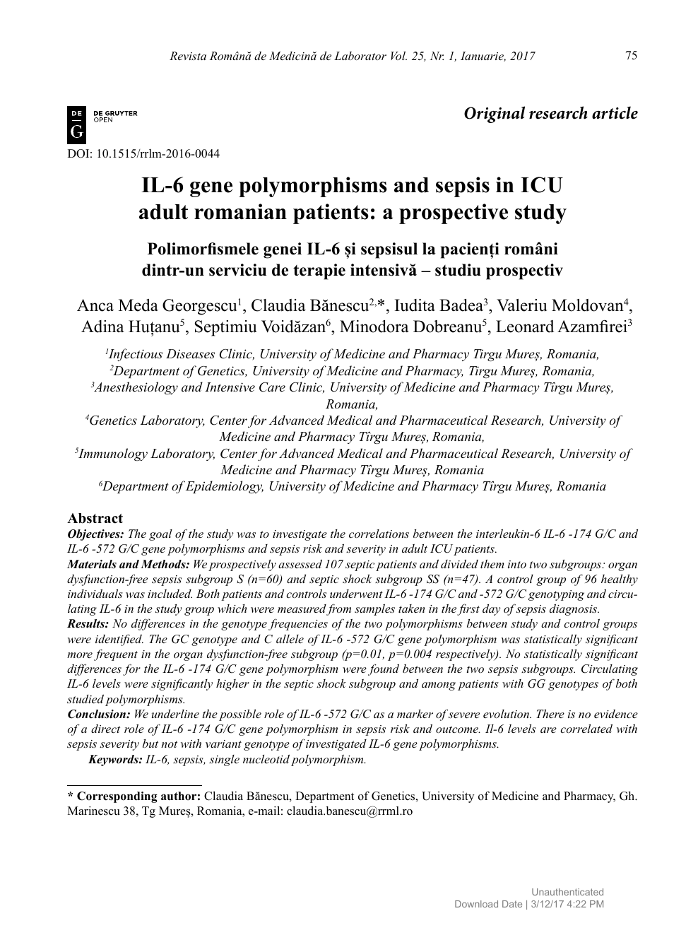 Il 6 Gene Polymorphisms And Sepsis In Icu Adult Romanian Patients