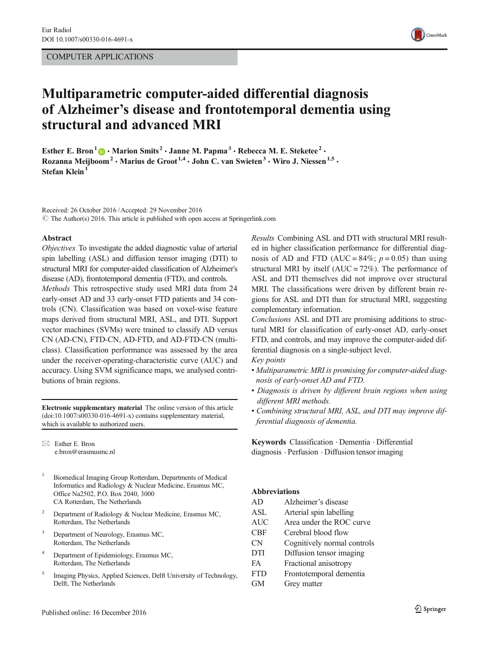 Multiparametric Computer Aided Differential Diagnosis Of Alzheimer S Disease And Frontotemporal Dementia Using Structural And Advanced Mri Topic Of Research Paper In Clinical Medicine Download Scholarly Article Pdf And Read For Free On