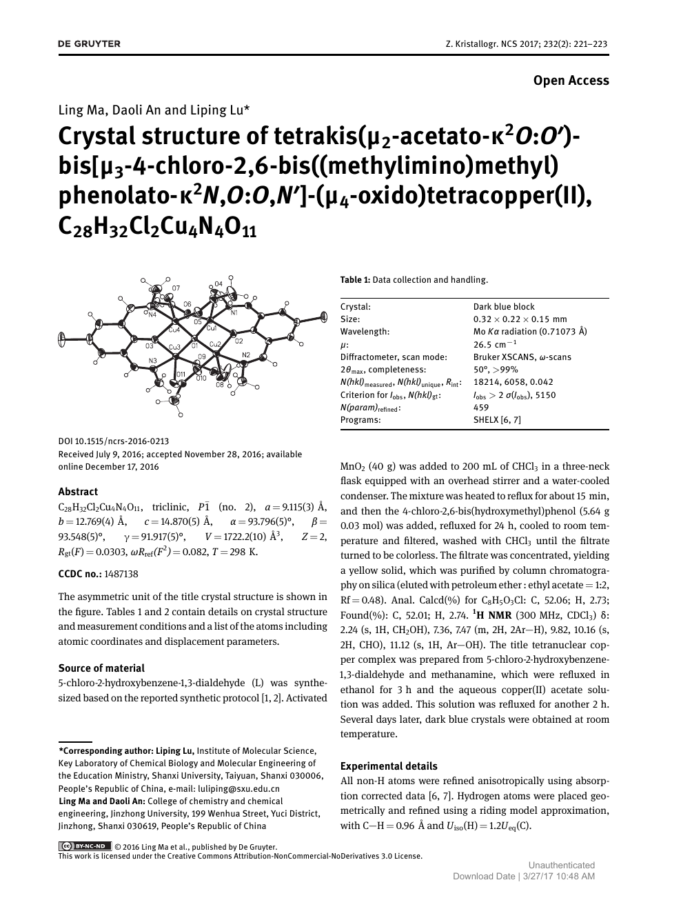 Crystal Structure Of Tetrakis M2 Acetato K2o O Bis M3 4 Chloro 2 6 Bis Methylimino Methyl Phenolato K2n O O N M4 Oxido Tetracopper Ii C28h32cl2cu4n4o11 Topic Of Research Paper In Biological Sciences Download Scholarly Article Pdf And Read