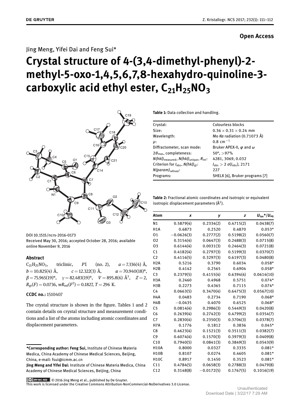 Crystal Structure Of 4 3 4 Dimethyl Phenyl 2 Methyl 5 Oxo 1 4 5 6 7 8 Hexahydro Quinoline 3 Carboxylic Acid Ethyl Ester C21h25no3 Topic Of Research Paper In Materials Engineering Download Scholarly Article Pdf And Read For Free On Cyberleninka