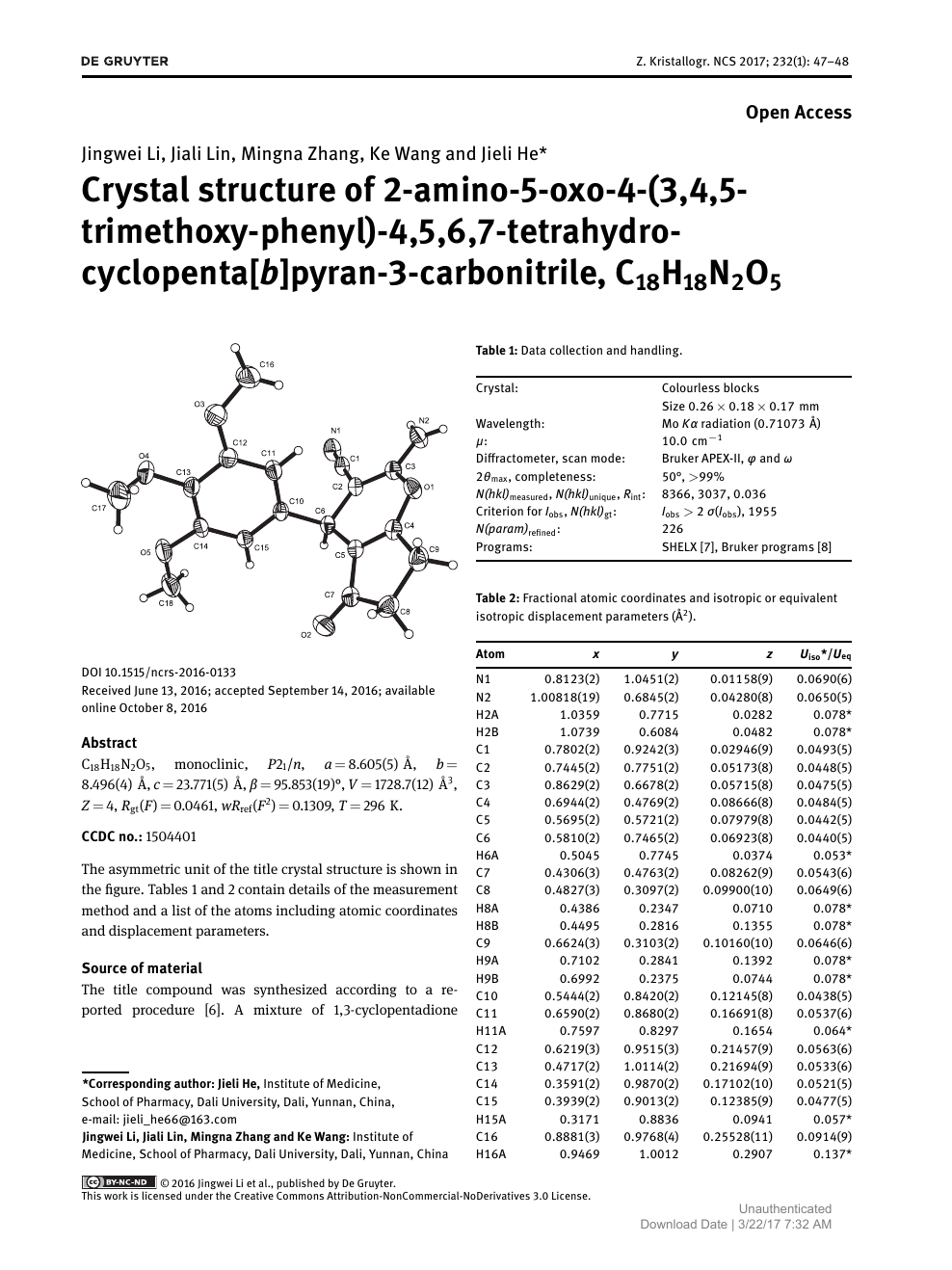 Crystal Structure Of 2 Amino 5 Oxo 4 3 4 5 Trimethoxy Phenyl 4 5 6 7 Tetrahydro Cyclopenta B Pyran 3 Carbonitrile C18h18n2o5 Topic Of Research Paper In Chemical Sciences Download Scholarly Article Pdf And Read For Free On Cyberleninka Open