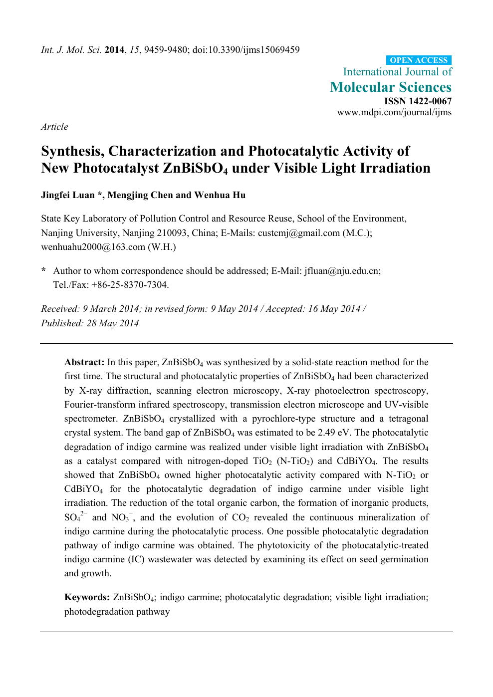 Synthesis Characterization And Photocatalytic Activity Of New Photocatalyst Znbisbo4 Under Visible Light Irradiation Topic Of Research Paper In Chemical Sciences Download Scholarly Article Pdf And Read For Free On Cyberleninka Open