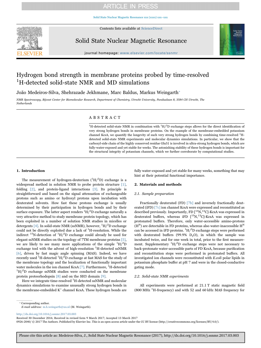 Hydrogen bond strength in membrane proteins probed by time-resolved 1 H-detected solid-state NMR and simulations – topic of research paper in Chemical sciences. scholarly article PDF and read for free