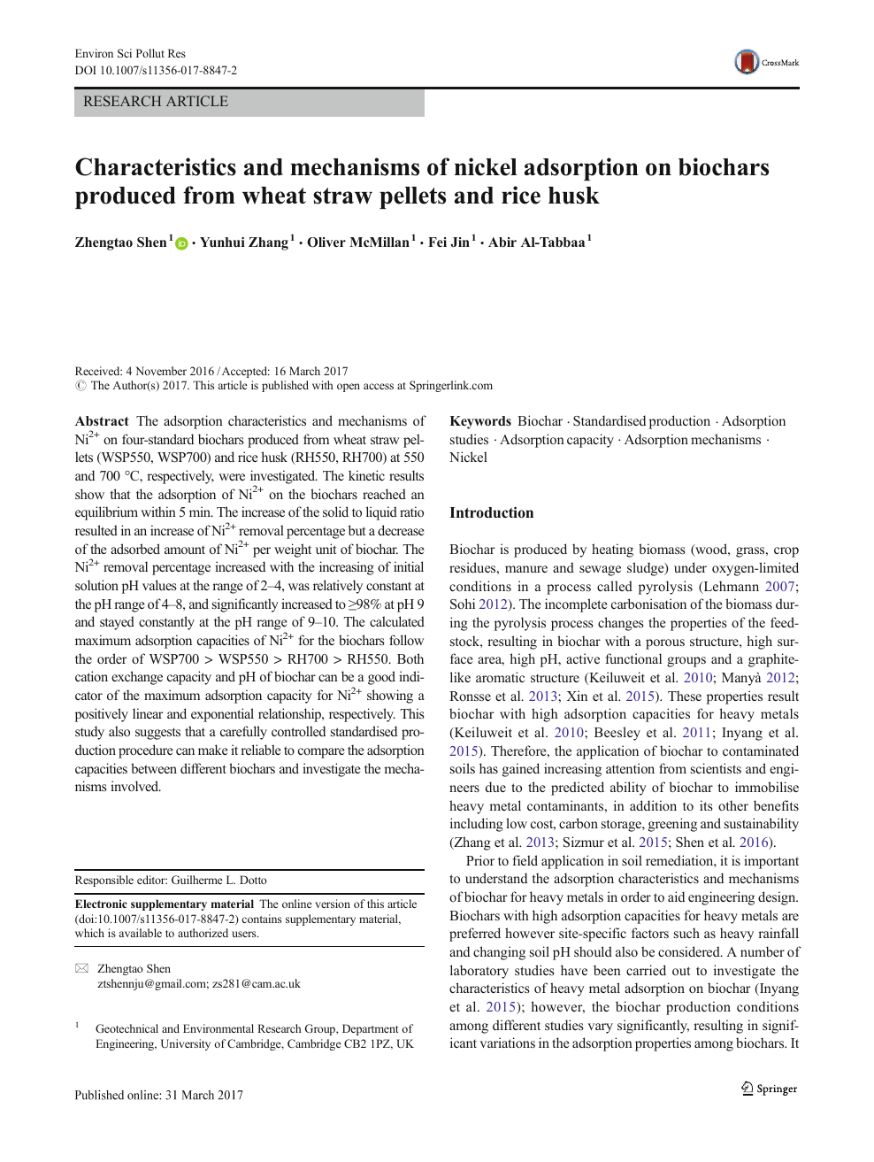 Characteristics And Mechanisms Of Nickel Adsorption On Biochars Produced From Wheat Straw Pellets And Rice Husk Topic Of Research Paper In Nano Technology Download Scholarly Article Pdf And Read For Free On