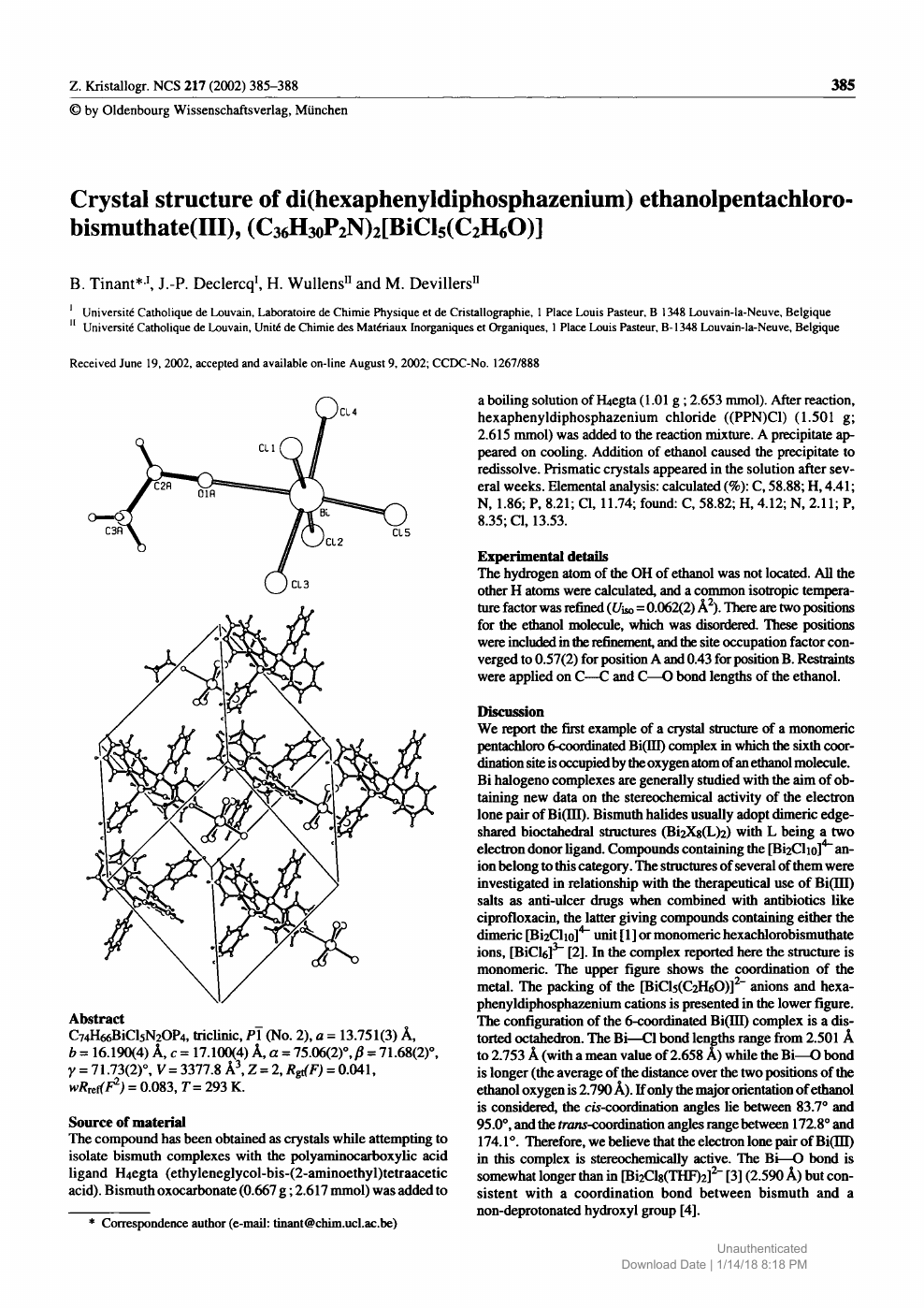 Crystal Structure Of Di Hexaphenyldiphosphazenium Ethanolpentachlorobismuthate Iii C36h30p2n 2 Bicl5 C2h6o Topic Of Research Paper In Biological Sciences Download Scholarly Article Pdf And Read For Free On Cyberleninka Open Science Hub