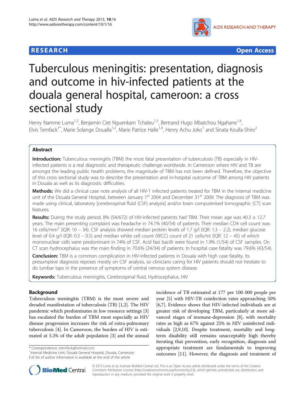 Tuberculous Meningitis Presentation Diagnosis And Outcome In Hiv Infected Patients At The Douala General Hospital Cameroon A Cross Sectional Study Topic Of Research Paper In Clinical Medicine Download Scholarly Article Pdf And