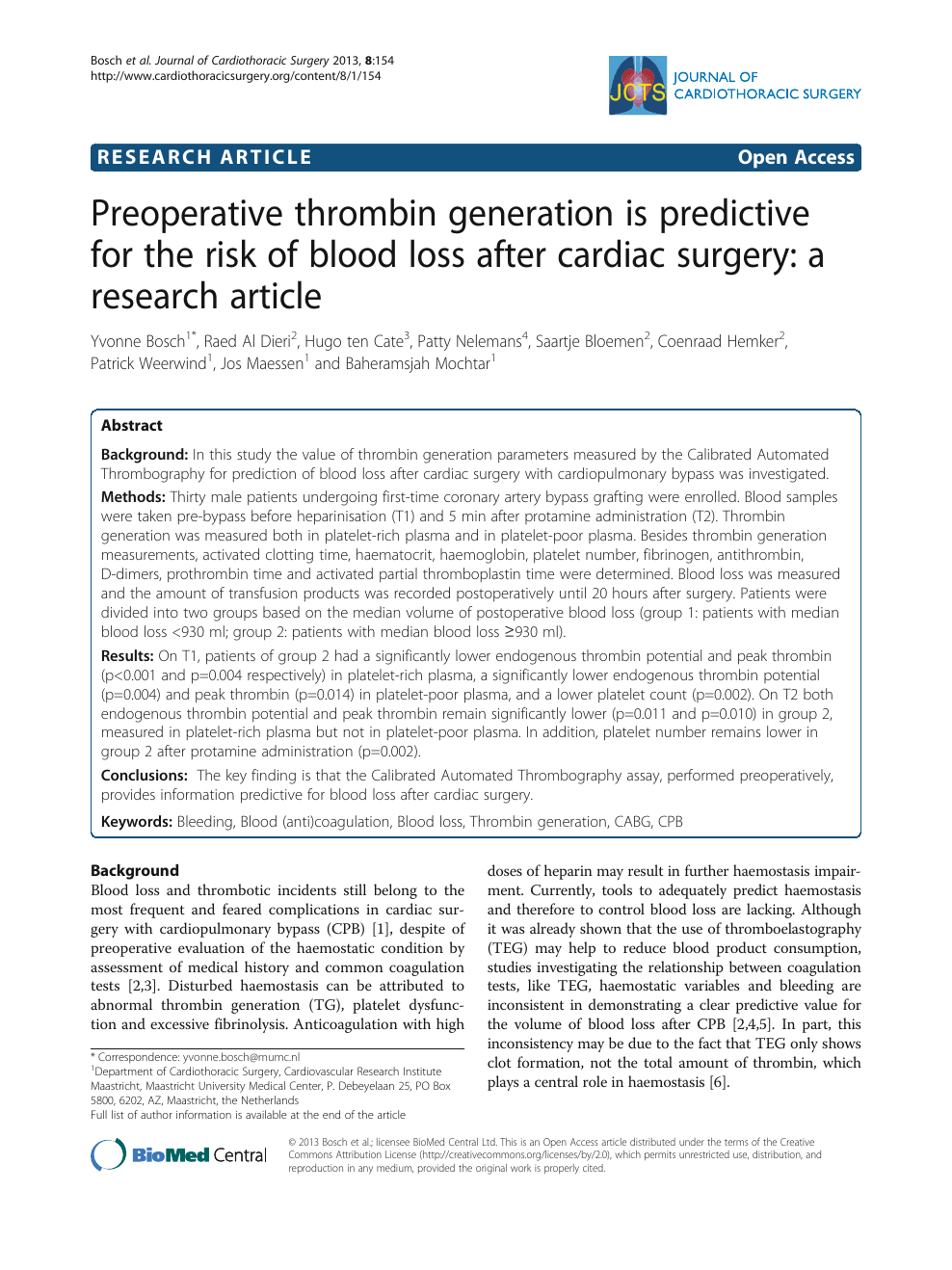 Preoperative Thrombin Generation Is Predictive For The Risk Of Blood Loss After Cardiac Surgery A Research Article Topic Of Research Paper In Medical Engineering Download Scholarly Article Pdf And Read For