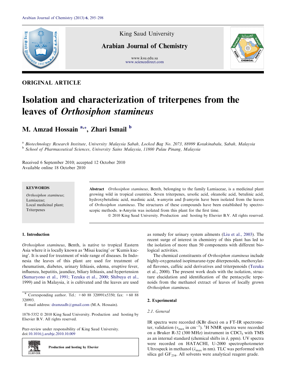 Isolation And Characterization Of Triterpenes From The Leaves Of Orthosiphon Stamineus Topic Of Research Paper In Chemical Sciences Download Scholarly Article Pdf And Read For Free On Cyberleninka Open Science Hub