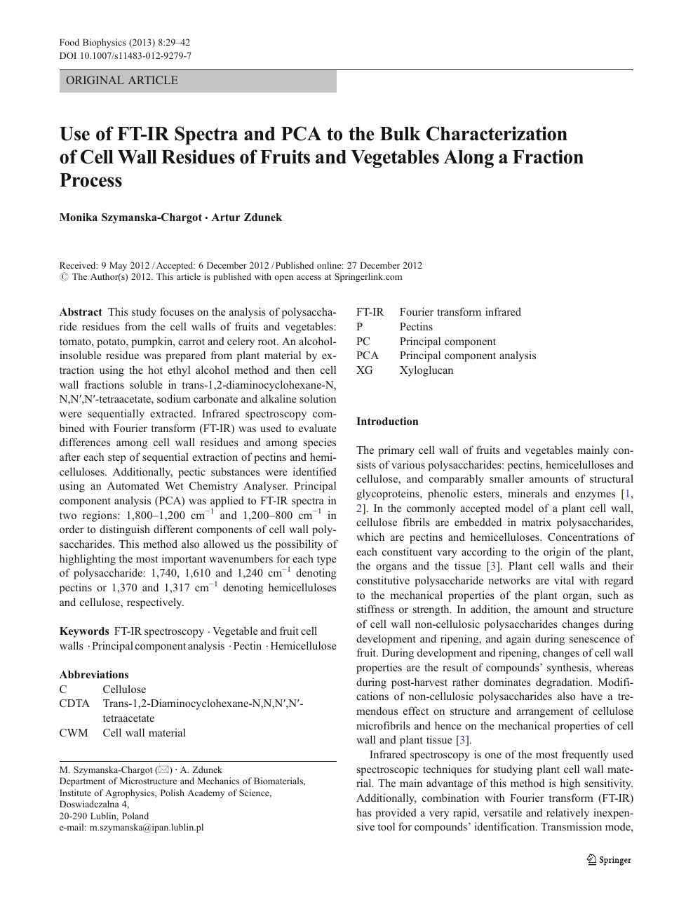 Use Of Ft Ir Spectra And Pca To The Bulk Characterization Of Cell Wall Residues Of Fruits And Vegetables Along A Fraction Process Topic Of Research Paper In Chemical Sciences Download Scholarly