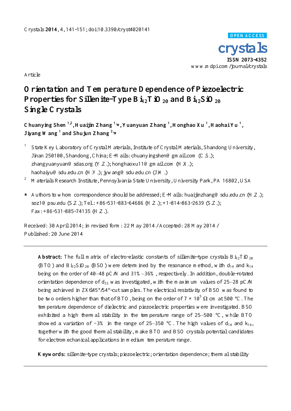 Orientation And Temperature Dependence Of Piezoelectric Properties For Sillenite Type Bi12tio And Bi12sio Single Crystals Topic Of Research Paper In Nano Technology Download Scholarly Article Pdf And Read For Free On Cyberleninka Open