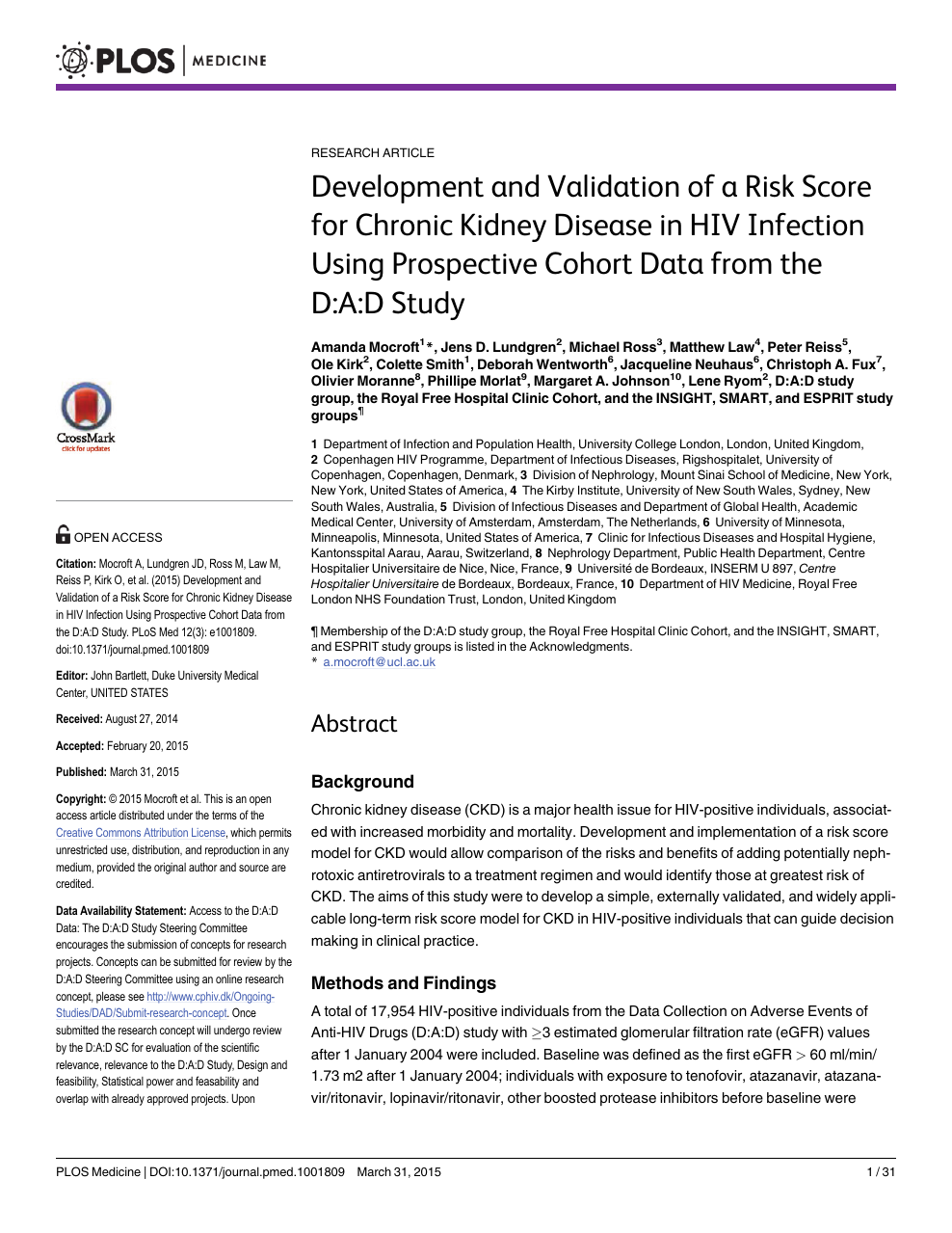 Verkeerd Verwachting kogel Development and Validation of a Risk Score for Chronic Kidney Disease in  HIV Infection Using Prospective Cohort Data from the D:A:D Study – topic of  research paper in Biological sciences. Download scholarly