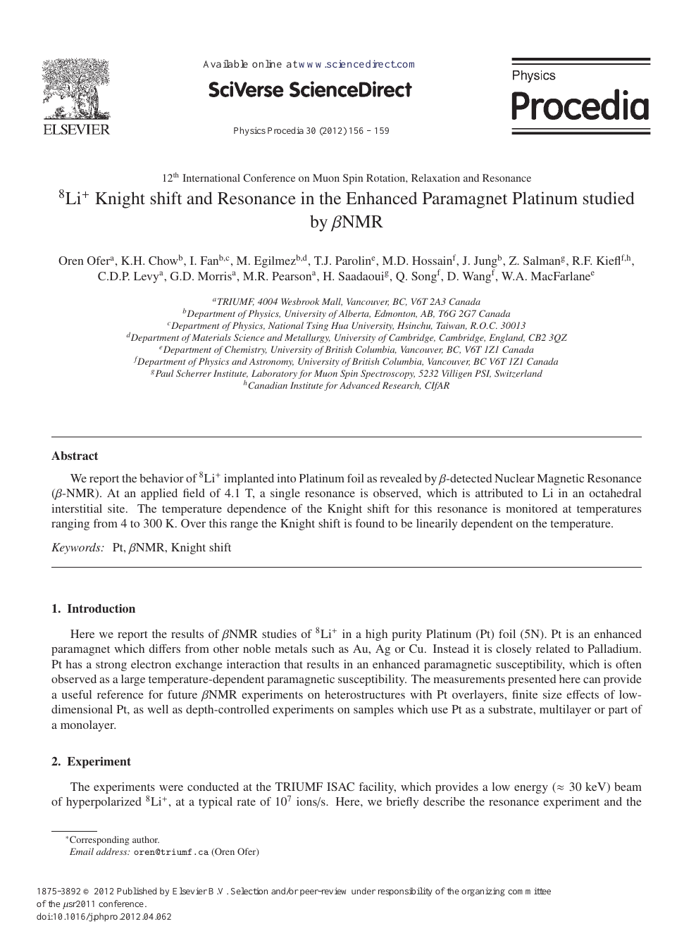 8li Knight Shift And Resonance In The Enhanced Paramagnet Platinum Studied By Bnmr Topic Of Research Paper In Physical Sciences Download Scholarly Article Pdf And Read For Free On Cyberleninka Open