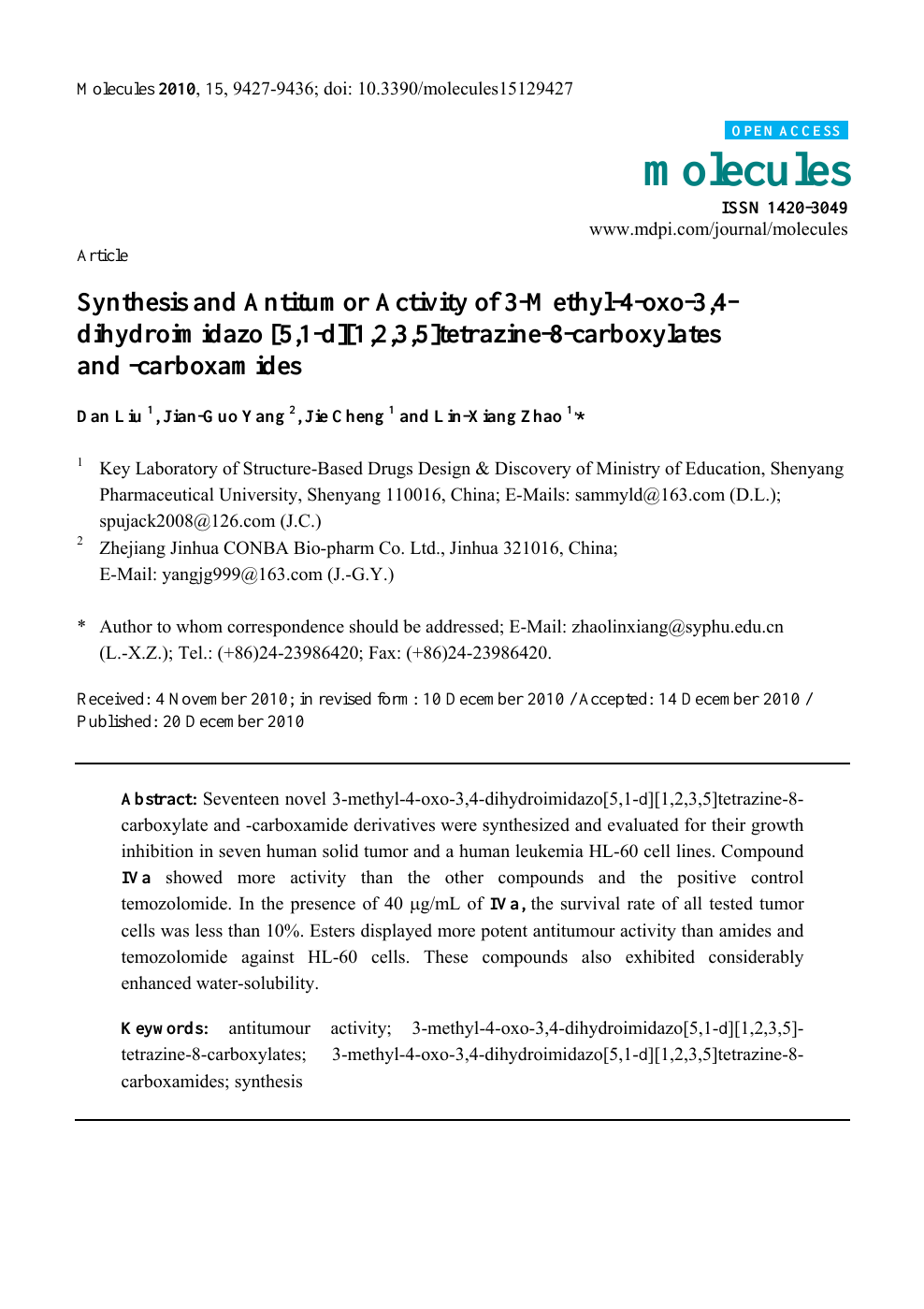 Synthesis And Antitumor Activity Of 3 Methyl 4 Oxo 3 4 Dihydroimidazo 5 1 D 1 2 3 5 Tetrazine 8 Carboxylates And Carboxamides Topic Of Research Paper In Chemical Sciences Download Scholarly Article Pdf And Read For Free On Cyberleninka Open