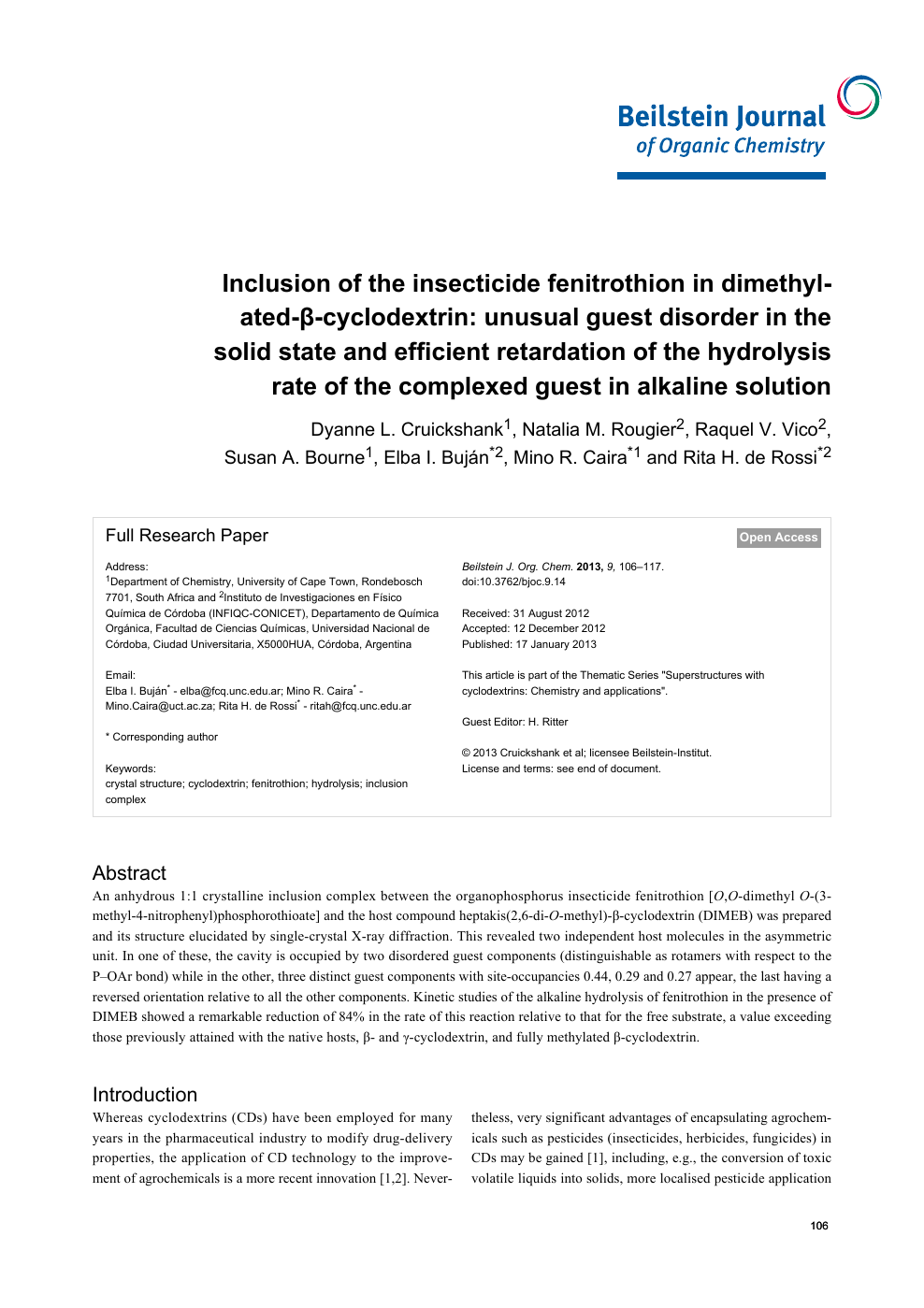Inclusion Of The Insecticide Fenitrothion In Dimethylated B Cyclodextrin Unusual Guest Disorder In The Solid State And Efficient Retardation Of The Hydrolysis Rate Of The Complexed Guest In Alkaline Solution Topic Of Research