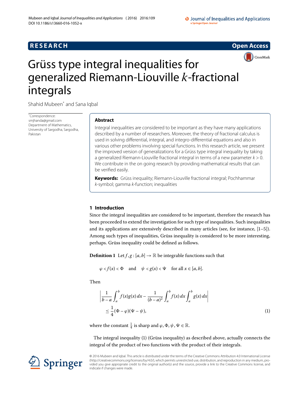 Gruss Type Integral Inequalities For Generalized Riemann Liouville K Fractional Integrals Topic Of Research Paper In Mathematics Download Scholarly Article Pdf And Read For Free On Cyberleninka Open Science Hub