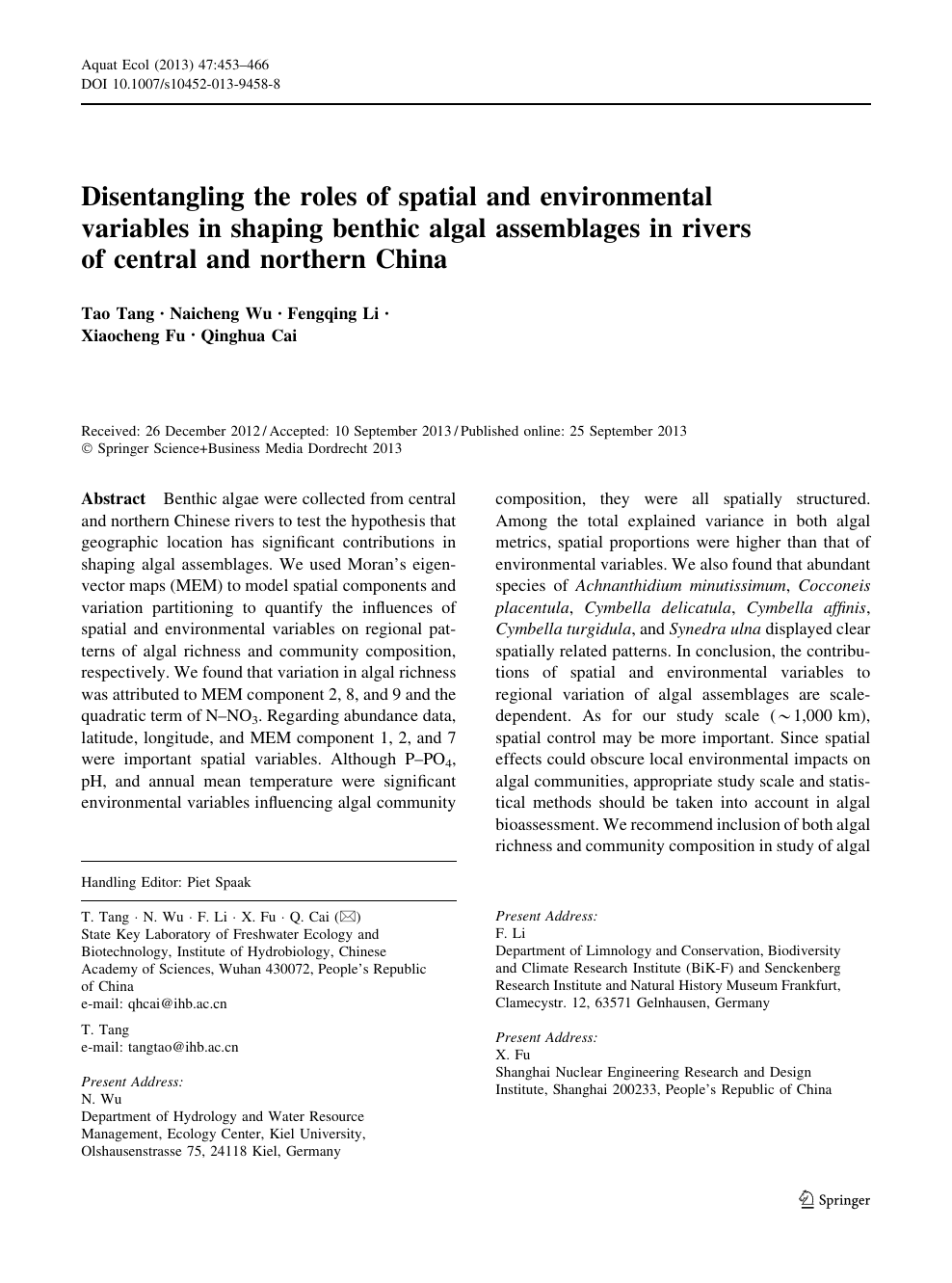 Disentangling The Roles Of Spatial And Environmental Variables In Shaping Benthic Algal Assemblages In Rivers Of Central And Northern China Topic Of Research Paper In Biological Sciences Download Scholarly Article Pdf