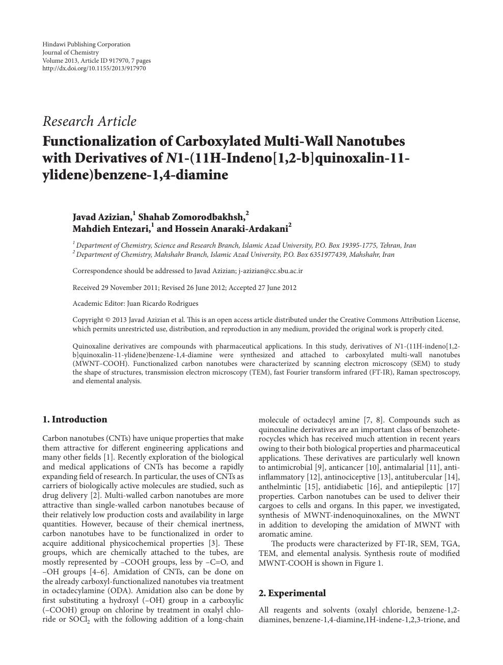 Functionalization Of Carboxylated Multi Wall Nanotubes With Derivatives Of N1 11h Indeno 1 2 B Quinoxalin 11 Ylidene Benzene 1 4 Diamine Topic Of Research Paper In Nano Technology Download Scholarly Article Pdf And Read For Free On Cyberleninka