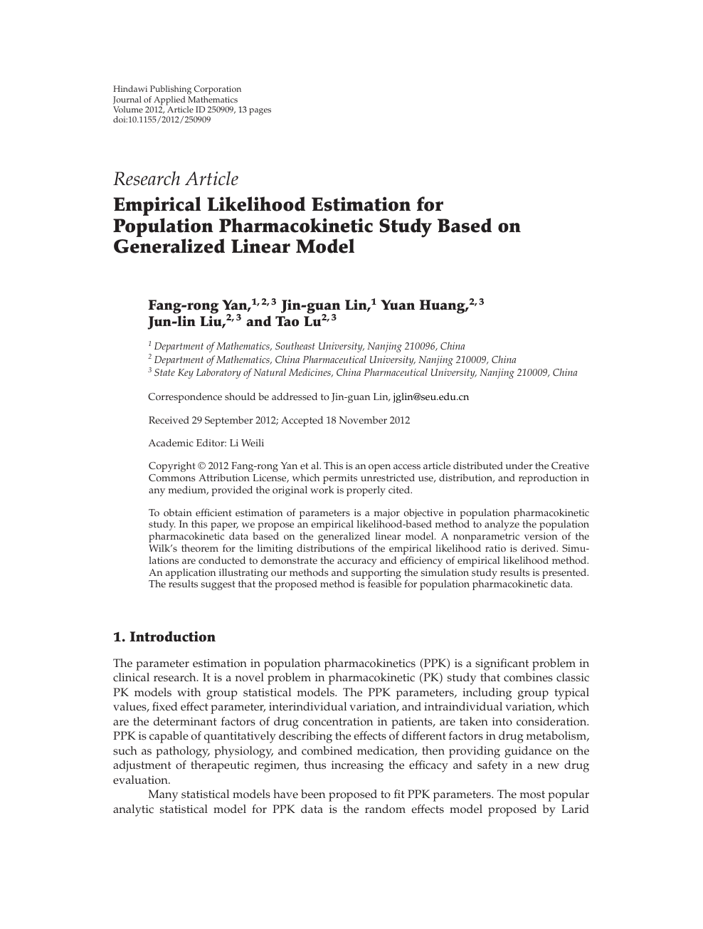 Empirical Likelihood Estimation For Population Pharmacokinetic Study Based On Generalized Linear Model Topic Of Research Paper In Mathematics Download Scholarly Article Pdf And Read For Free On Cyberleninka Open Science Hub