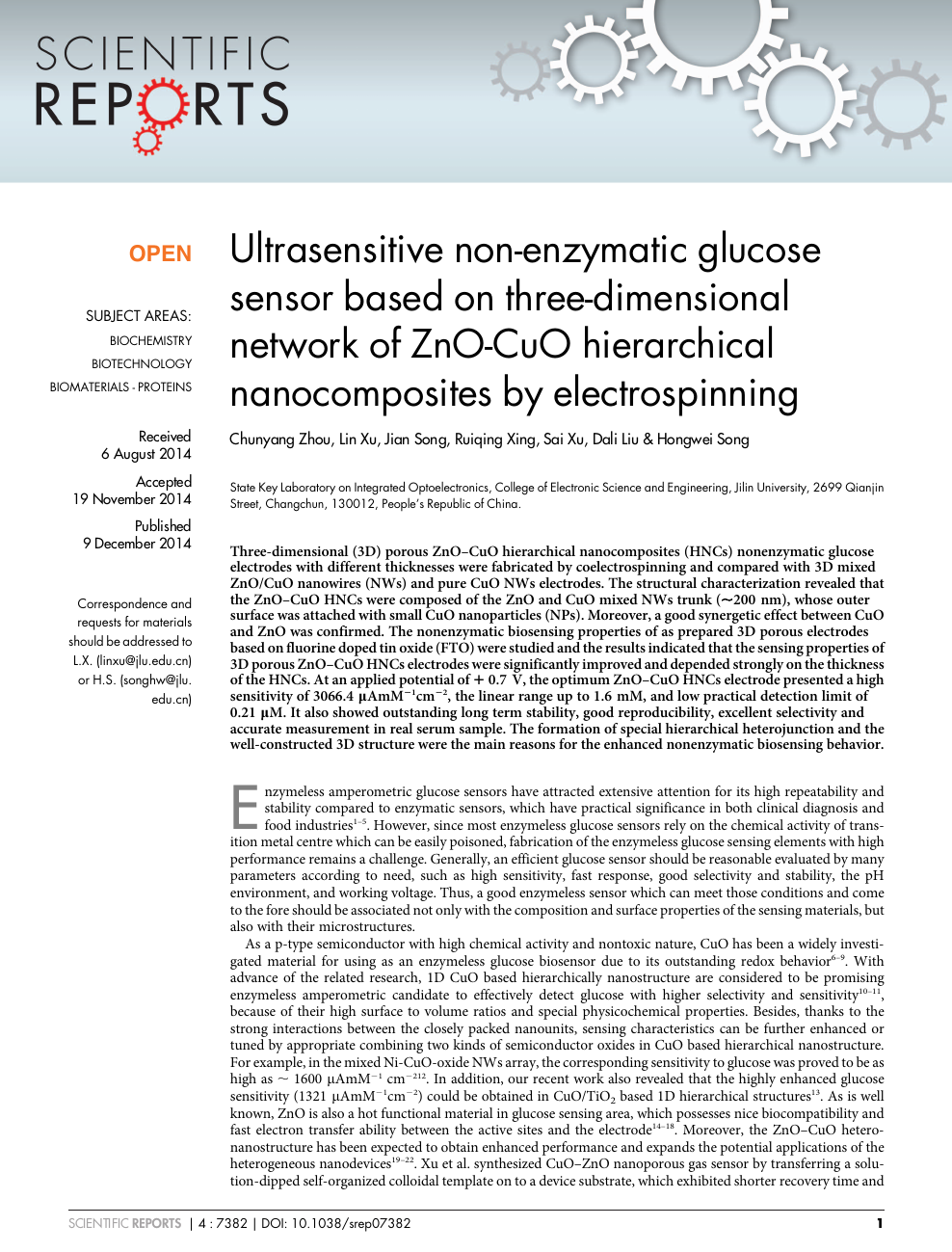 Ultrasensitive Non Enzymatic Glucose Sensor Based On Three Dimensional Network Of Zno Cuo Hierarchical Nanocomposites By Electrospinning Topic Of Research Paper In Nano Technology Download Scholarly Article Pdf And Read For Free On Cyberleninka Open