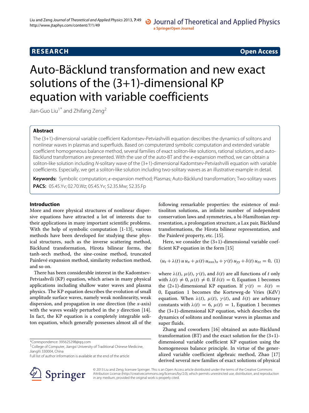 Auto Backlund Transformation And New Exact Solutions Of The 3 1 Dimensional Kp Equation With Variable Coefficients Topic Of Research Paper In Mathematics Download Scholarly Article Pdf And Read For Free On Cyberleninka Open