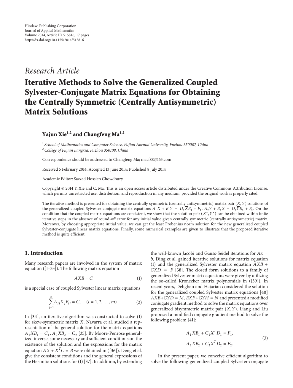 Iterative Methods To Solve The Generalized Coupled Sylvester Conjugate Matrix Equations For Obtaining The Centrally Symmetric Centrally Antisymmetric Matrix Solutions Topic Of Research Paper In Mathematics Download Scholarly Article Pdf And Read
