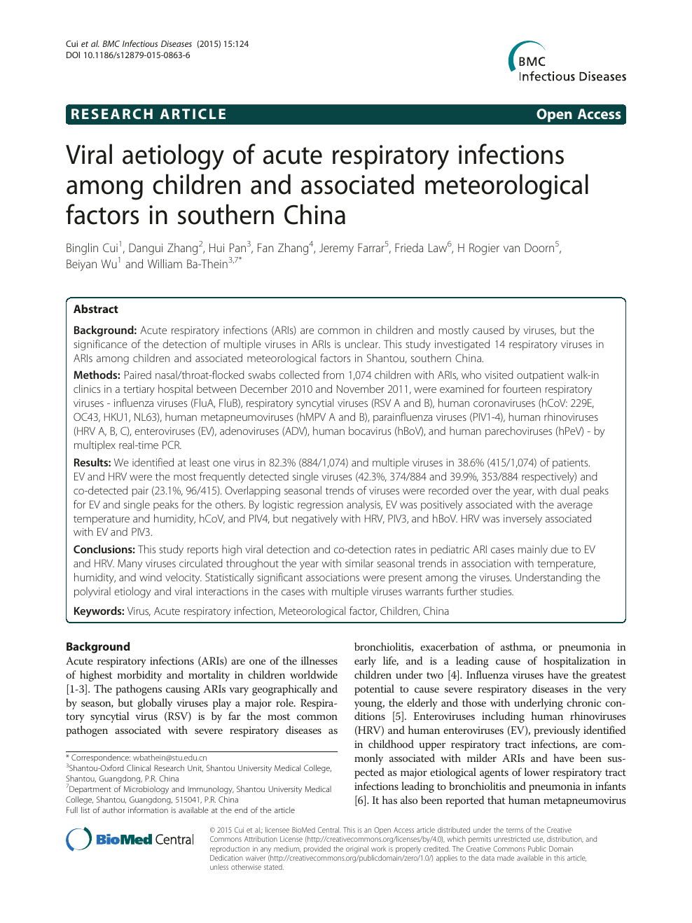 Viral Aetiology Of Acute Respiratory Infections Among Children And Associated Meteorological Factors In Southern China Topic Of Research Paper In Biological Sciences Download Scholarly Article Pdf And Read For Free On