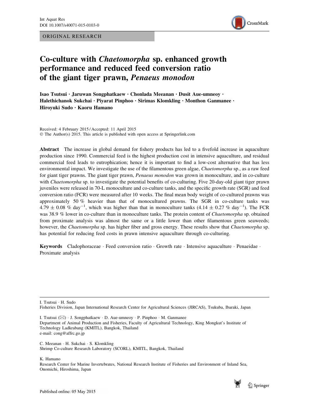 Co Culture With Chaetomorpha Sp Enhanced Growth Performance And Reduced Feed Conversion Ratio Of The Giant Tiger Prawn Penaeus Monodon Topic Of Research Paper In Animal And Dairy Science Download Scholarly Article