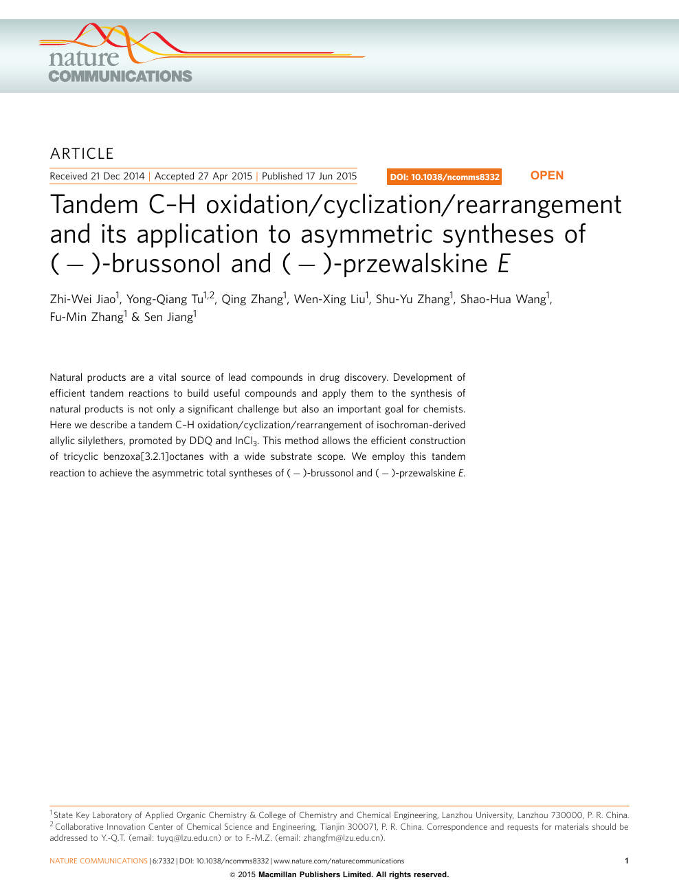 Tandem C H Oxidation Cyclization Rearrangement And Its Application To Asymmetric Syntheses Of Brussonol And Przewalskine E Topic Of Research Paper In Chemical Sciences Download Scholarly Article Pdf And Read For Free On Cyberleninka
