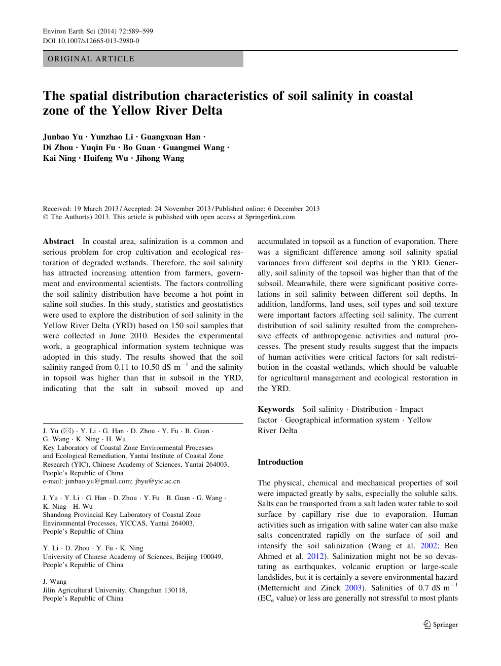 The spatial distribution characteristics of soil salinity in ...
