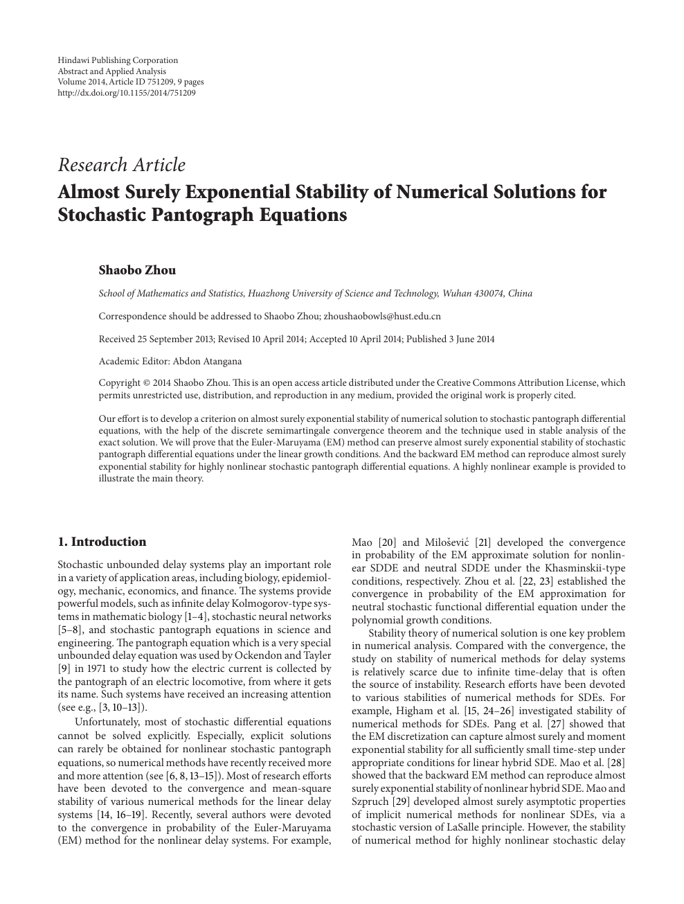 Almost Surely Exponential Stability Of Numerical Solutions For Stochastic Pantograph Equations Topic Of Research Paper In Mathematics Download Scholarly Article Pdf And Read For Free On Cyberleninka Open Science Hub