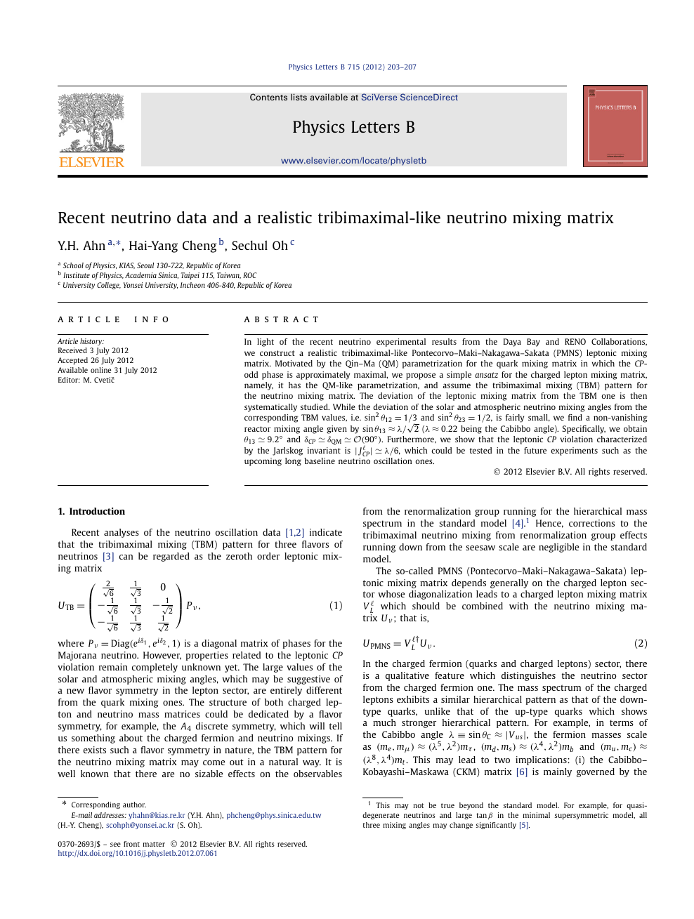 Recent Neutrino Data And A Realistic Tribimaximal Like Neutrino Mixing Matrix Topic Of Research Paper In Physical Sciences Download Scholarly Article Pdf And Read For Free On Cyberleninka Open Science Hub