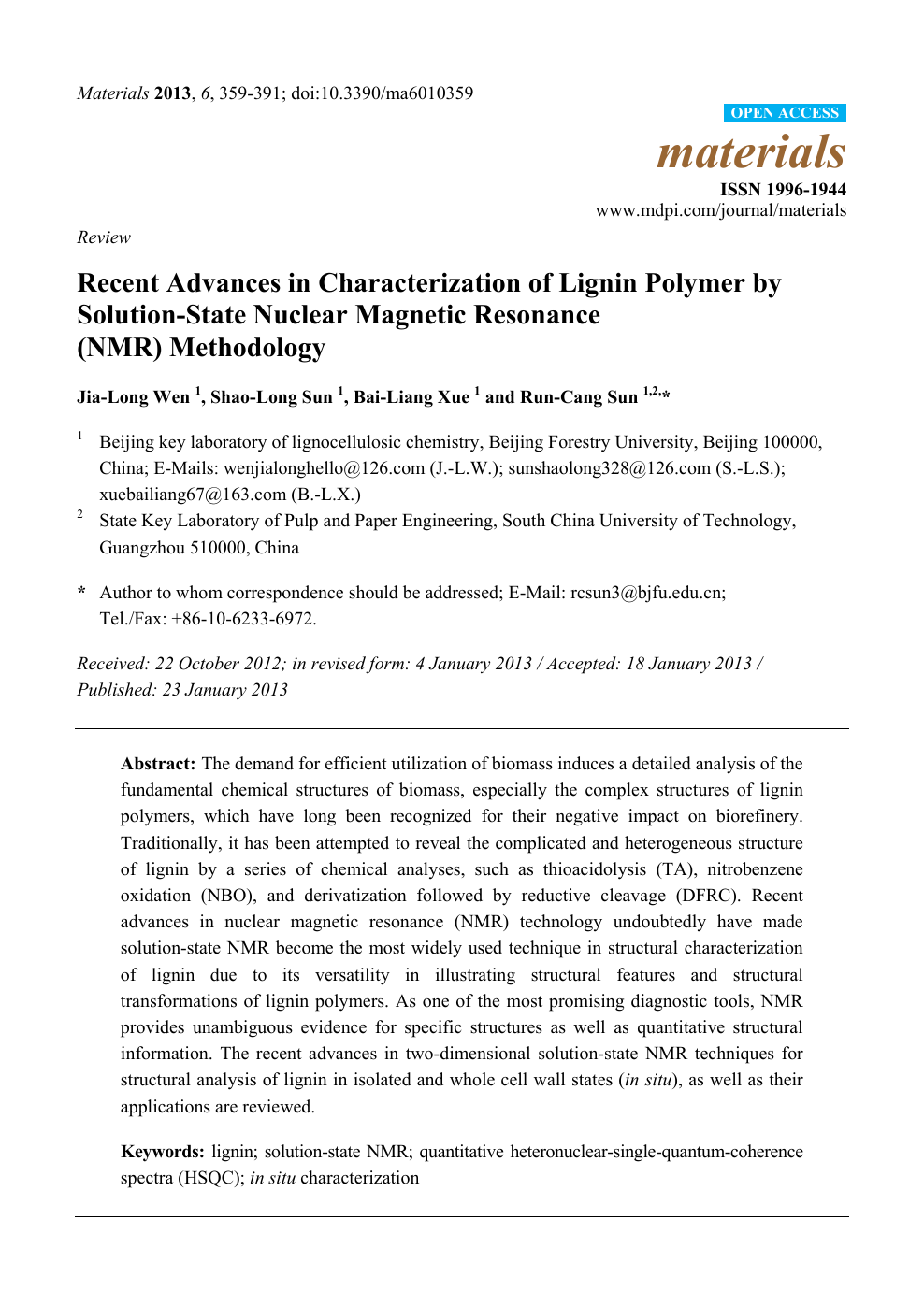 Recent Advances in Characterization of Lignin Polymer by Solution