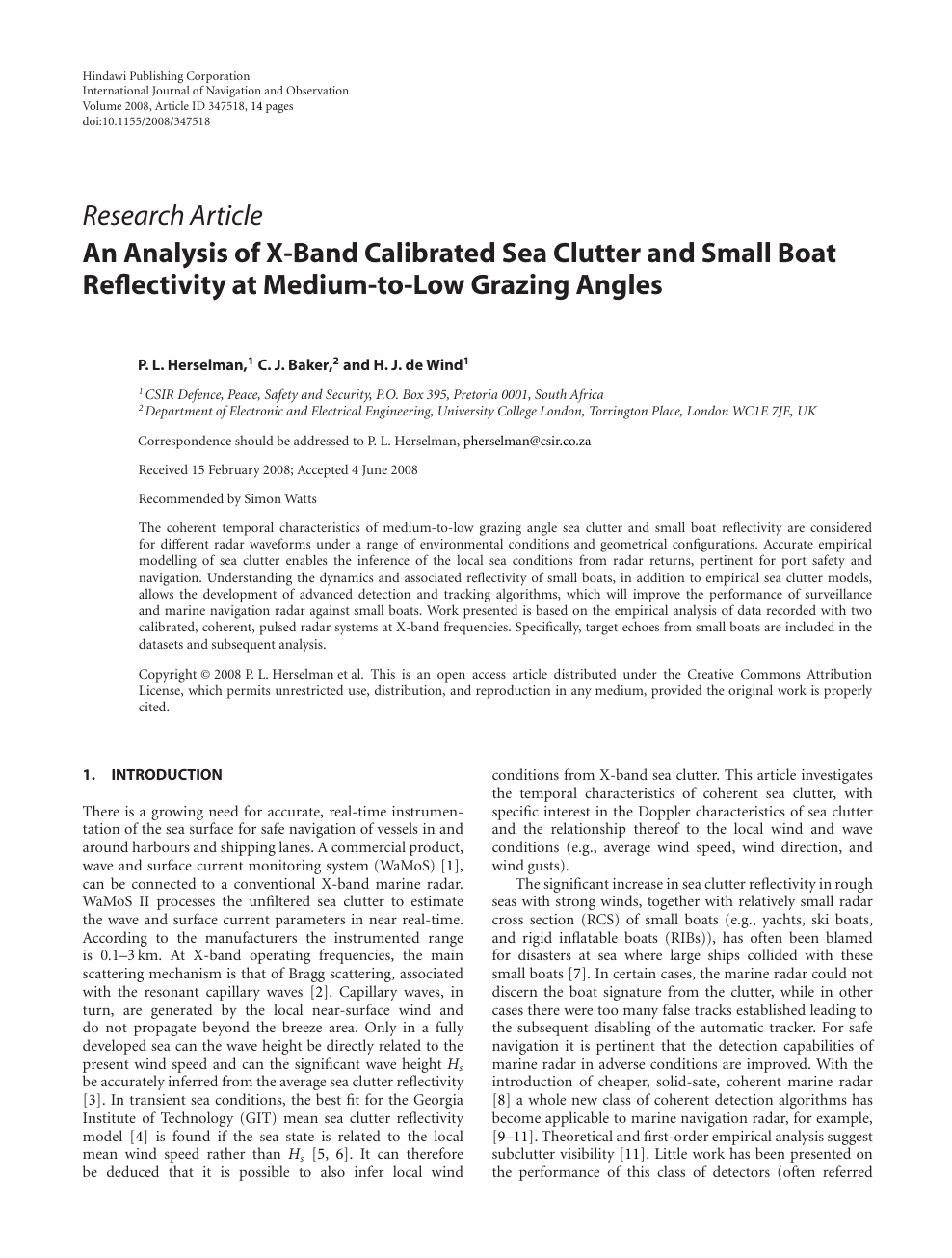 An Analysis Of X Band Calibrated Sea Clutter And Small Boat Reflectivity At Medium To Low Grazing Angles Topic Of Research Paper In Earth And Related Environmental Sciences Download Scholarly Article Pdf And Read