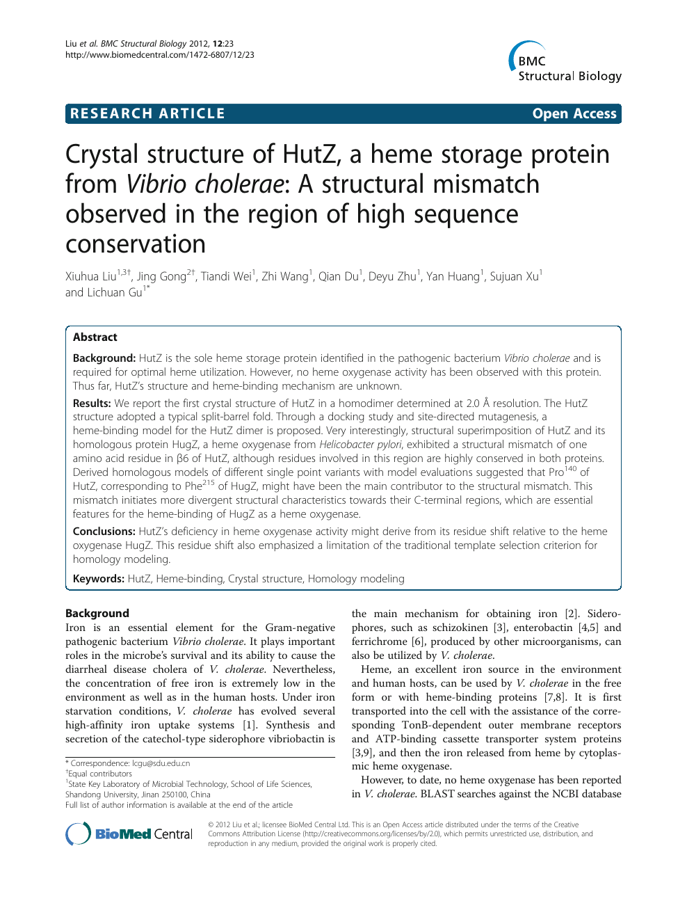 Crystal Structure Of Hutz A Heme Storage Protein From Vibrio Cholerae A Structural Mismatch Observed In The Region Of High Sequence Conservation Topic Of Research Paper In Biological Sciences Download Scholarly