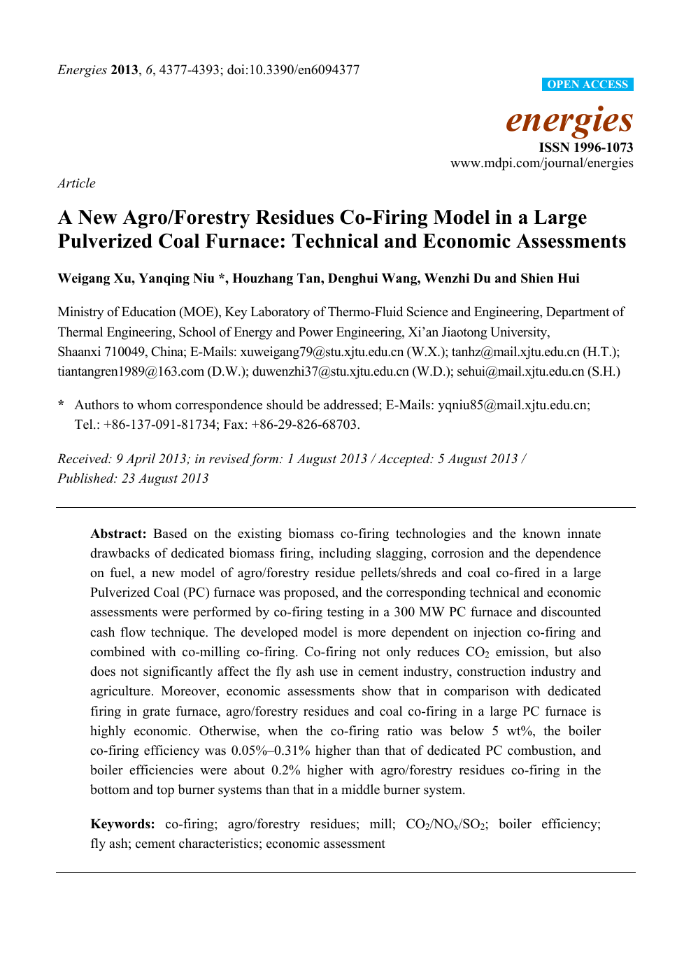 A New Agro Forestry Residues Co Firing Model In A Large Pulverized Coal Furnace Technical And Economic Assessments Topic Of Research Paper In Earth And Related Environmental Sciences Download Scholarly Article Pdf And