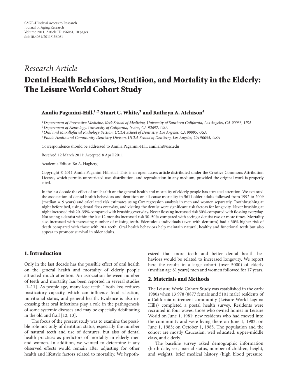 Dental Health Behaviors Dentition And Mortality In The Elderly The Leisure World Cohort Study Topic Of Research Paper In Health Sciences Download Scholarly Article Pdf And Read For Free On Cyberleninka