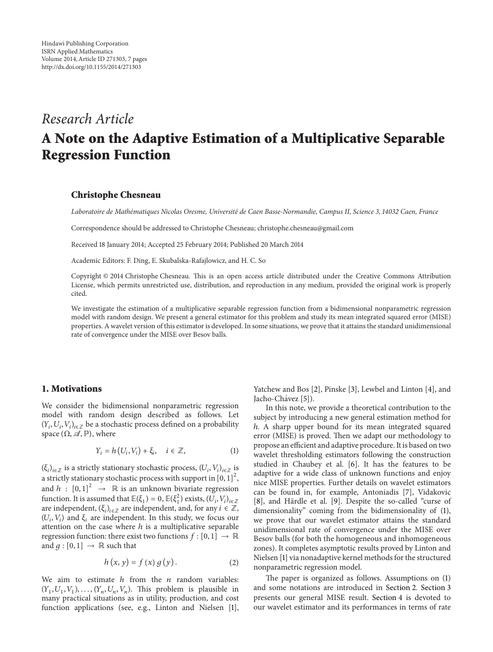 A Note On The Adaptive Estimation Of A Multiplicative Separable Regression Function Topic Of Research Paper In Mathematics Download Scholarly Article Pdf And Read For Free On Cyberleninka Open Science Hub