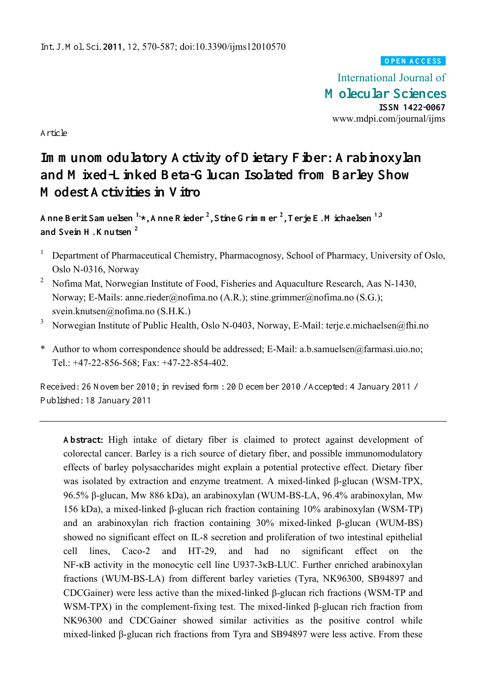 Immunomodulatory Activity Of Dietary Fiber Arabinoxylan And Mixed Linked Beta Glucan Isolated From Barley Show Modest Activities In Vitro Topic Of Research Paper In Biological Sciences Download Scholarly Article Pdf And Read For
