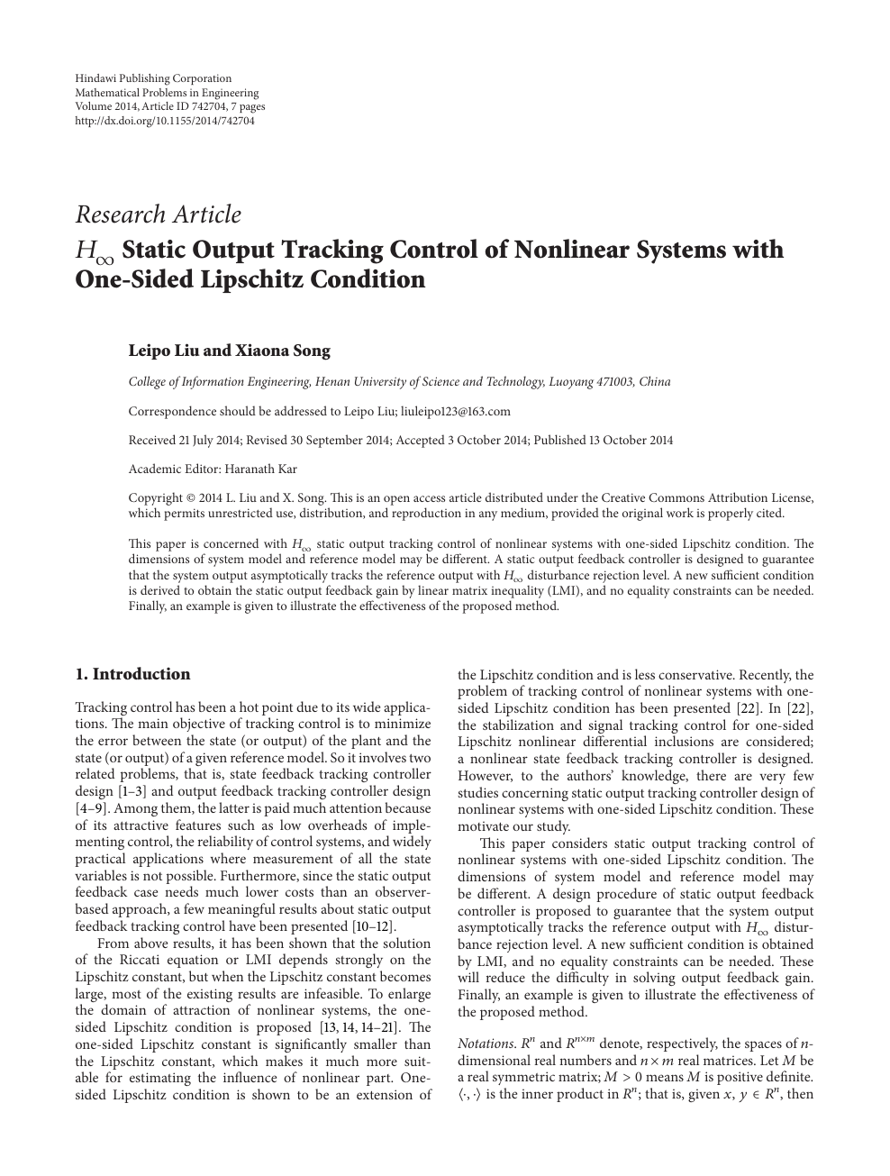 H Static Output Tracking Control Of Nonlinear Systems With One Sided Lipschitz Condition Topic Of Research Paper In Mathematics Download Scholarly Article Pdf And Read For Free On Cyberleninka Open Science