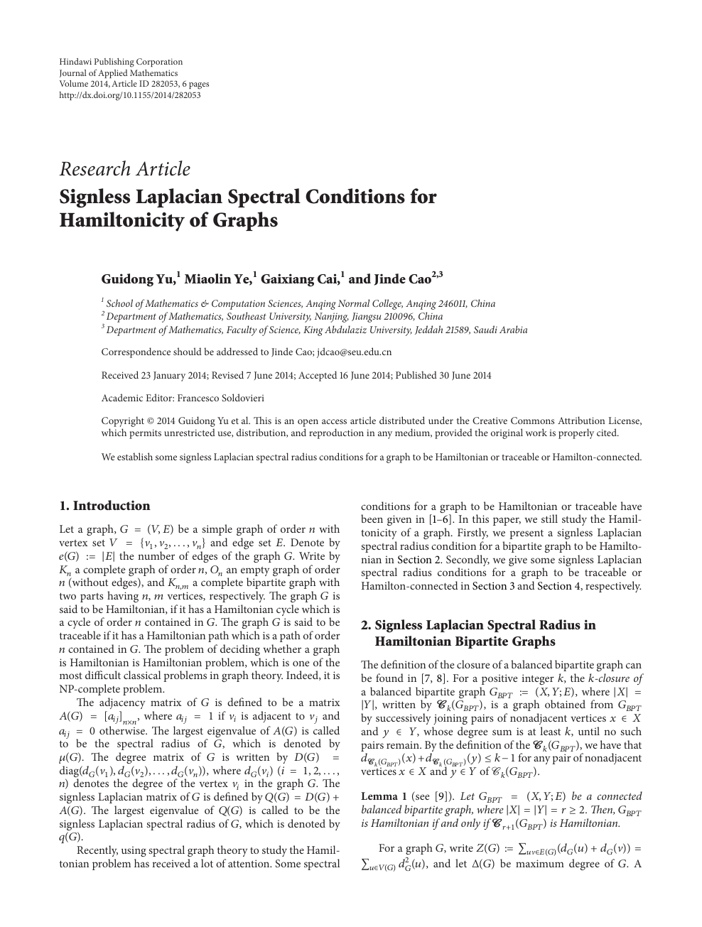Signless Laplacian Spectral Conditions For Hamiltonicity Of Graphs Topic Of Research Paper In Mathematics Download Scholarly Article Pdf And Read For Free On Cyberleninka Open Science Hub