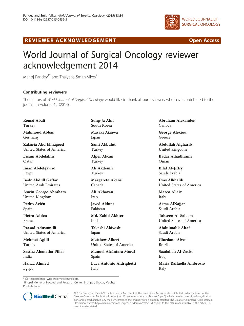 World Journal Of Surgical Oncology Reviewer Acknowledgement - 