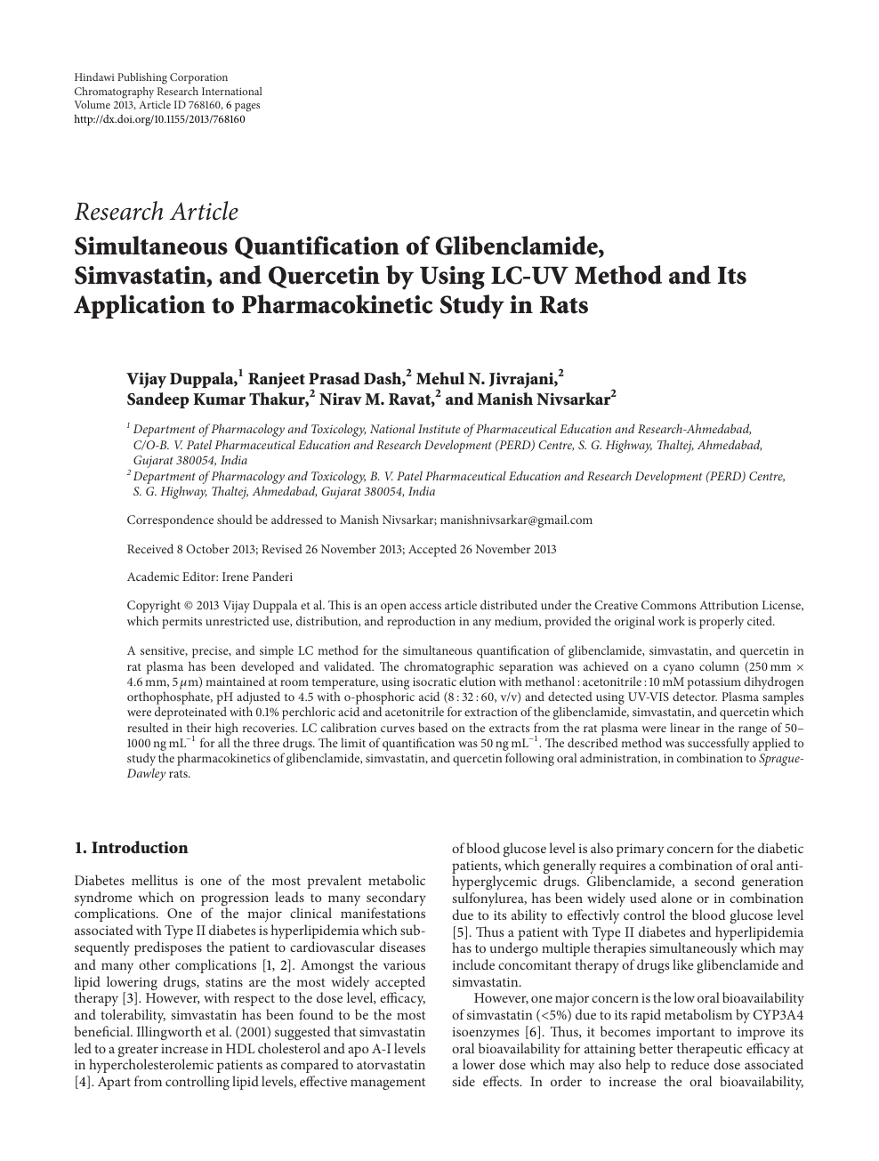 Simultaneous Quantification Of Glibenclamide Simvastatin And Quercetin By Using Lc Uv Method And Its Application To Pharmacokinetic Study In Rats Topic Of Research Paper In Chemical Sciences Download Scholarly Article Pdf And