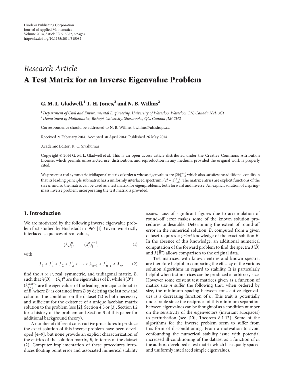 A Test Matrix For An Inverse Eigenvalue Problem Topic Of Research Paper In Mathematics Download Scholarly Article Pdf And Read For Free On Cyberleninka Open Science Hub