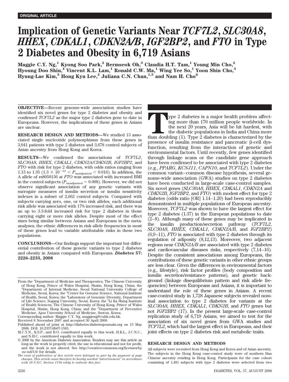 Implication Of Genetic Variants Near Tcf7l2 Slc30a8 Hhex Cdkal1 Cdkn2a B Igf2bp2 And Fto In Type 2 Diabetes And Obesity In 6 719 Asians Topic Of Research Paper In Biological Sciences Download Scholarly