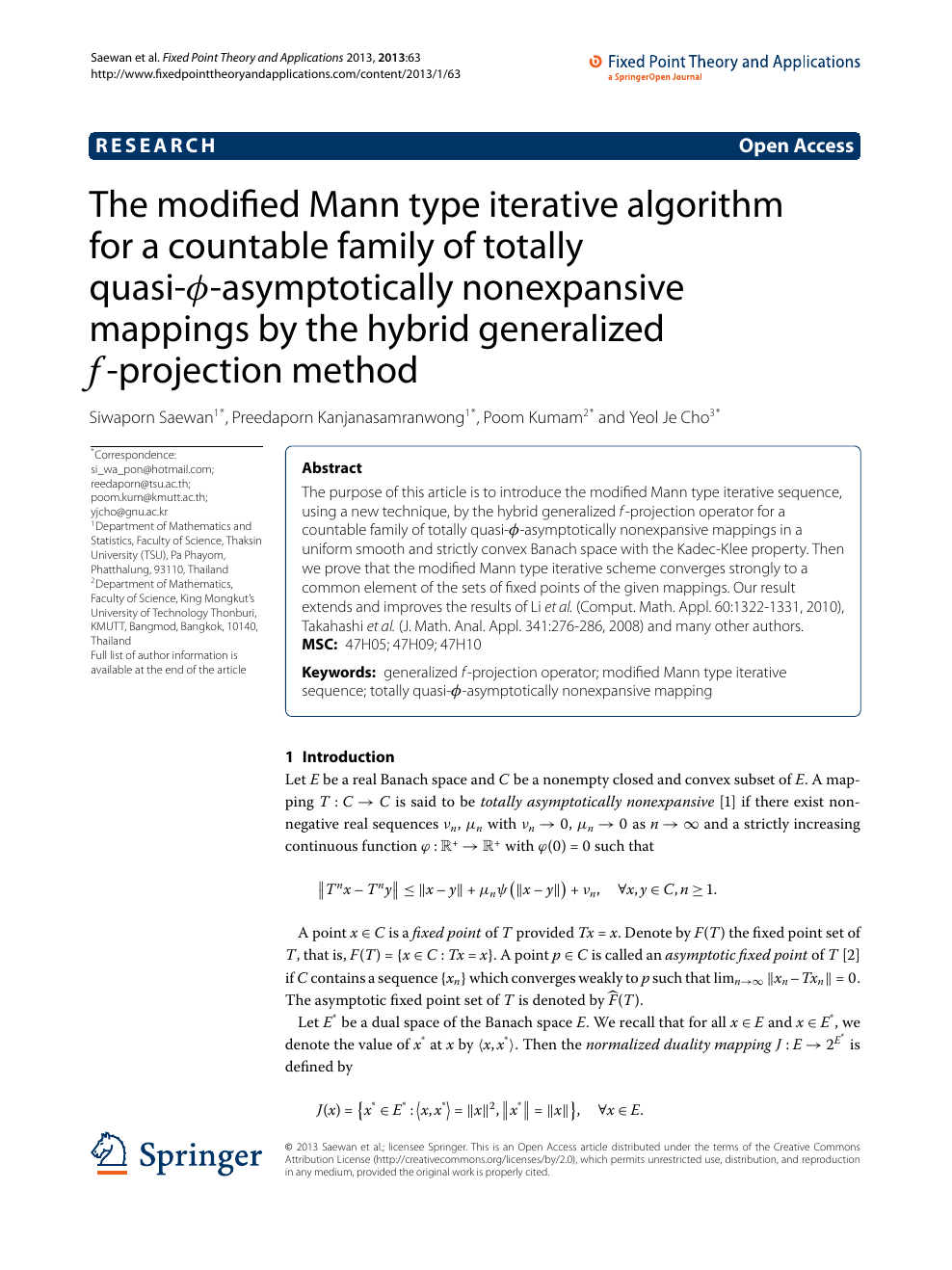 The Modified Mann Type Iterative Algorithm For A Countable Family Of Totally Quasi ϕ Asymptotically Nonexpansive Mappings By The Hybrid Generalized F Projection Method Topic Of Research Paper In Mathematics Download Scholarly Article Pdf
