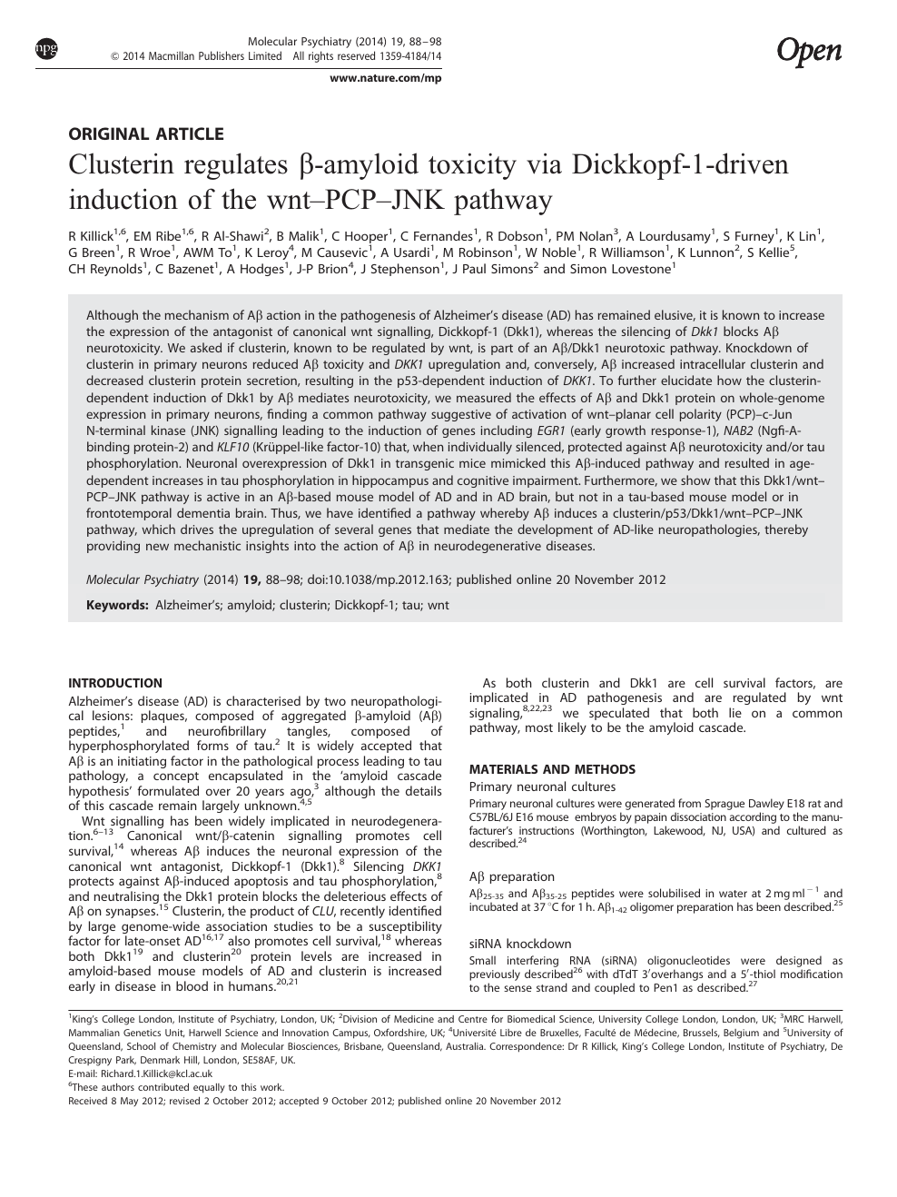 Clusterin Regulates B Amyloid Toxicity Via Dickkopf 1 Driven Induction Of The Wnt Pcp Jnk Pathway Topic Of Research Paper In Biological Sciences Download Scholarly Article Pdf And Read For Free On Cyberleninka Open Science Hub