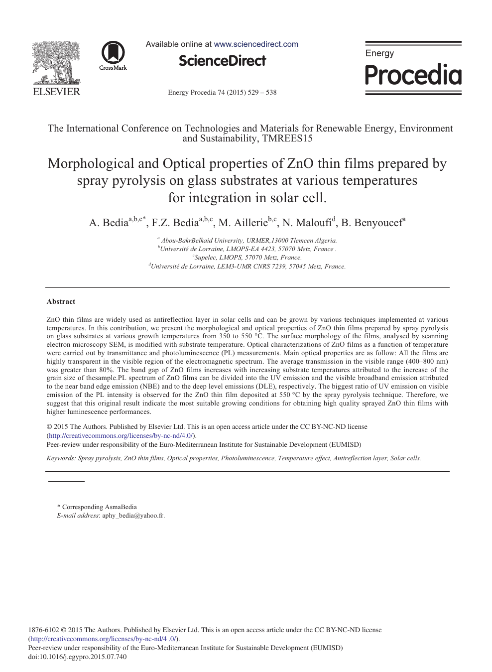 Morphological And Optical Properties Of Zno Thin Films Prepared By Spray Pyrolysis On Glass Substrates At Various Temperatures For Integration In Solar Cell Topic Of Research Paper In Materials Engineering Download
