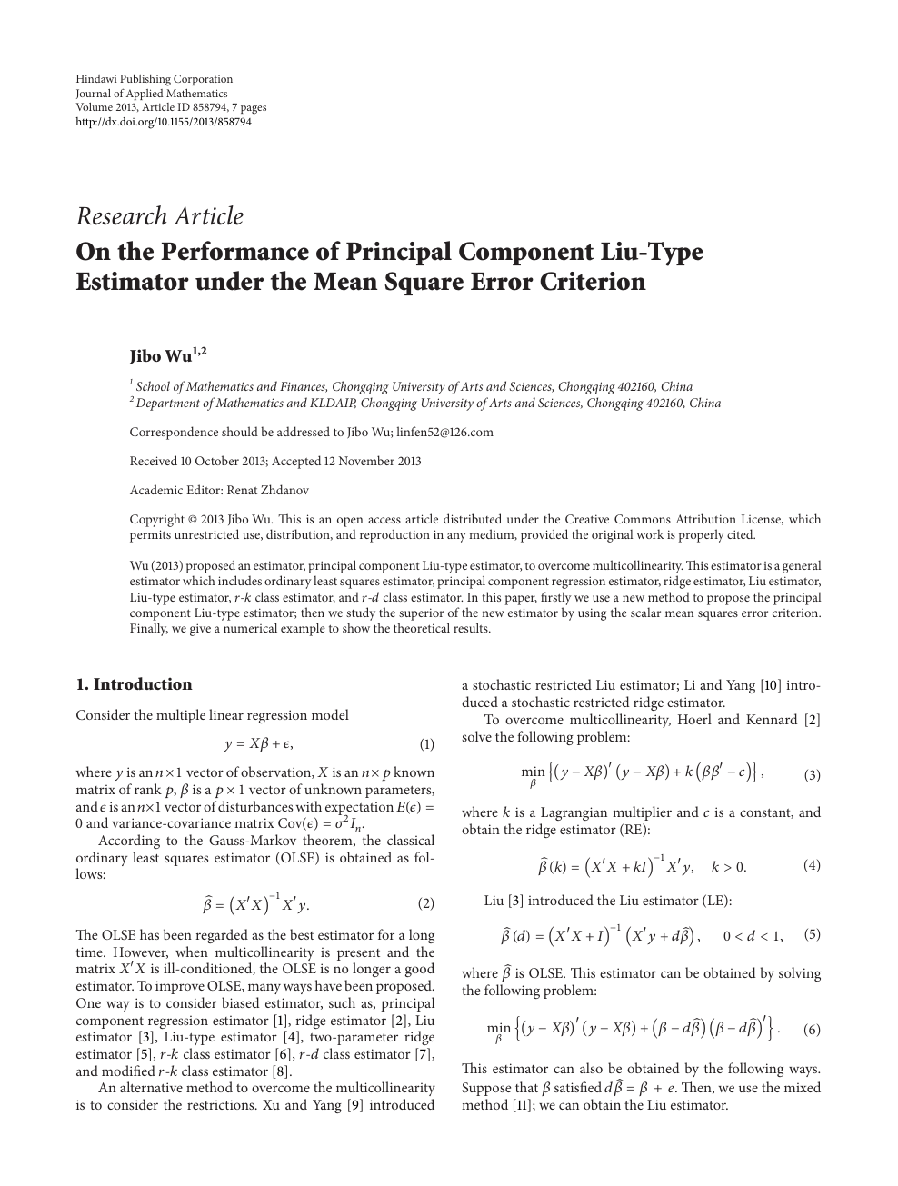 On The Performance Of Principal Component Liu Type Estimator Under The Mean Square Error Criterion Topic Of Research Paper In Mathematics Download Scholarly Article Pdf And Read For Free On Cyberleninka Open
