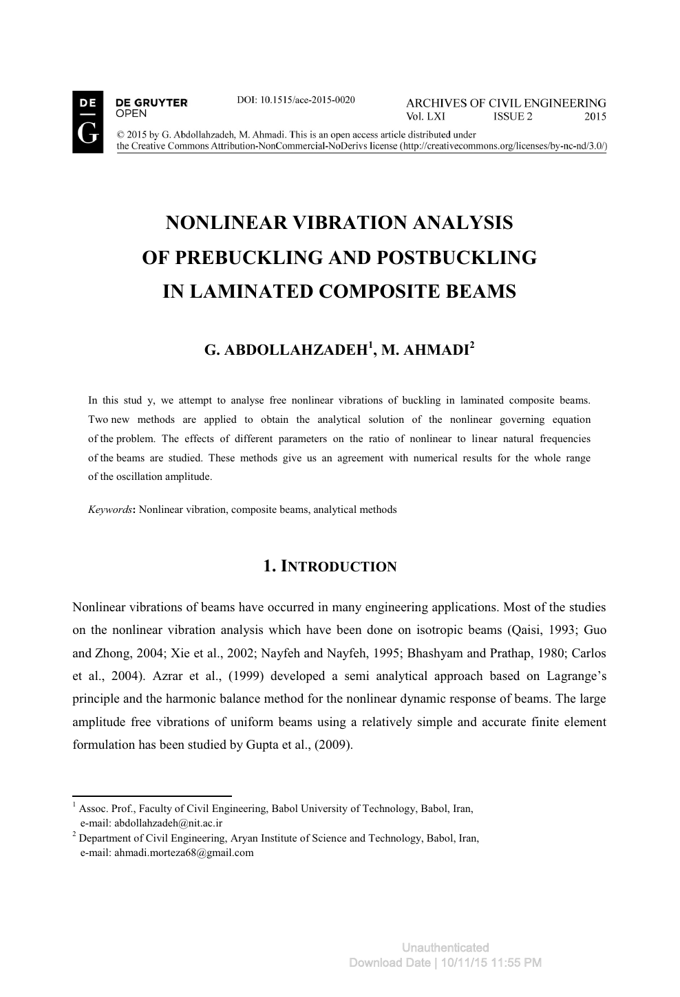 Nonlinear Vibration Analysis Of Prebuckling And Postbuckling In Laminated Composite Beams Topic Of Research Paper In Civil Engineering Download Scholarly Article Pdf And Read For Free On Cyberleninka Open Science Hub